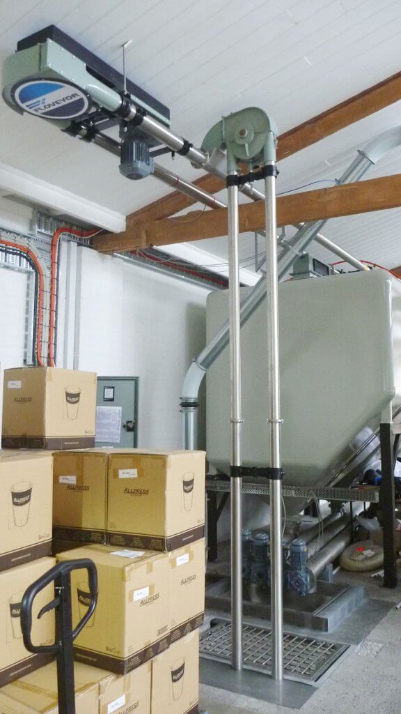 Image showing small footprint of Floveyor AMC and TDC in a tight space for fixed plant conveying of coffee beans.