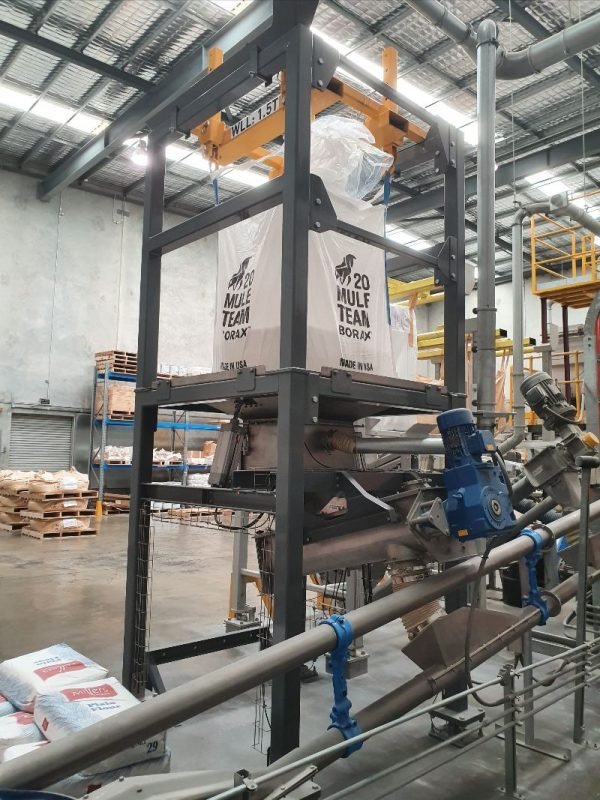 Floveyor bulk bag system with dosing screw feeder, load cell and bag tip station, and the extension of an existing Floveyor F4 for Klen International